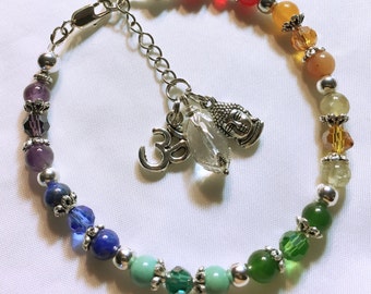 Chakra Anklet, Chakra Energy Jewelry, Chakra Energy Anklet, Reiki Charged Jewelry, Yoga Jewelry, 7 Chakra Gemstone, Ohm Charm, Buddha Charm