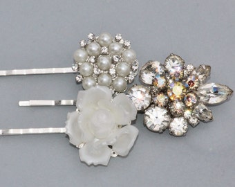Authentic Vintage Silver Rhinestone & Pearl Bridal Hair Pins,Repurposed Earrings,Brooches,Ivory Pearl,Off White,Something Old,Set of Three