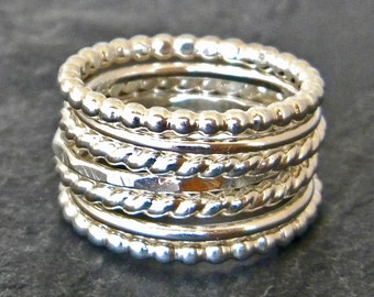 Sterling Silver Stacking Ring Set - Silver Hammered Ring - Silver Thumb Rings - Twist Ring - Boho Stacking Rings - Womens Silver Ring Set