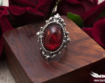 Red Stone Ring - Adjustable Ring - Victorian Ring - Ornate Silver Gothic Ring - Gothic Victorian Jewelry