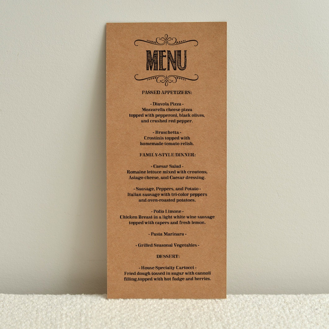 DIY Kraft Paper Wedding Menu Handlettered Rustic Love