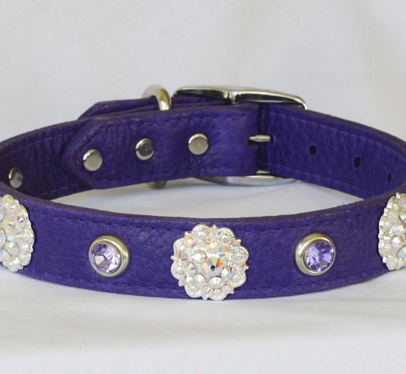 Purple Leather Dog Collar with Jewels Fancy Leather by Studio1070