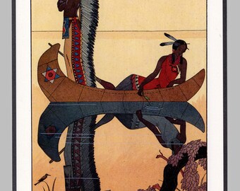 Native American Indian Print, Missouri River Art Deco Style, Cream and Orange Sunset Color, Guest Room Makeover, Art Deco Print Powder Room