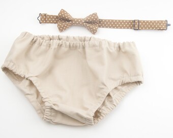 Tan diaper cover and bow tie, champagne diaper cover, brown bow tie, brown diaper cover, smash cake outfit, boys smash cake, baby photo prop