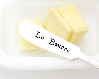 Le Beurre. French butter spreader. French Country kitchen decor. Hand Stamped silverware.
