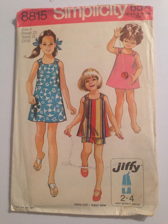 Vintage 70s Simplicity 8815 Sewing Pattern Girls Jiffy Dress or Top and Shorts Size 4 or 8