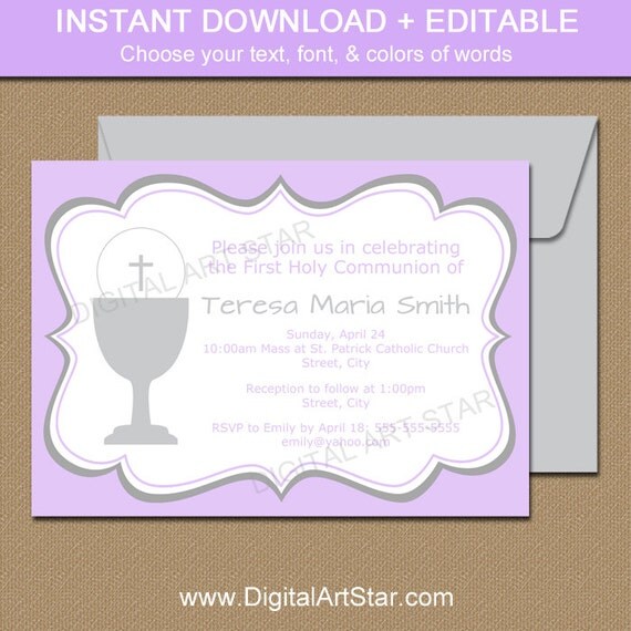lavender grey first communion invitation template printable girl