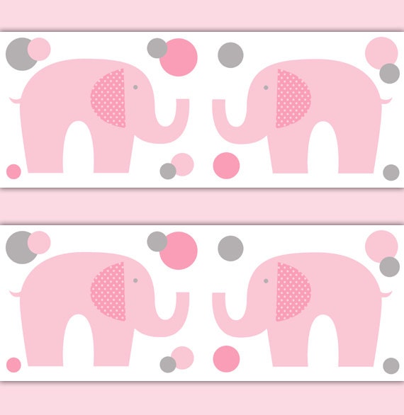 ELEPHANT NURSERY BORDER Pink Grey Gray Girl Wall Art Safari
