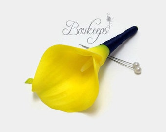 CHOOSE RIBBON COLOR - Calla Lily Boutonniere, Yellow Calla Lily Boutonniere, Real Touch Calla Lily Boutonniere, Groom, Groomsmen, Wedding