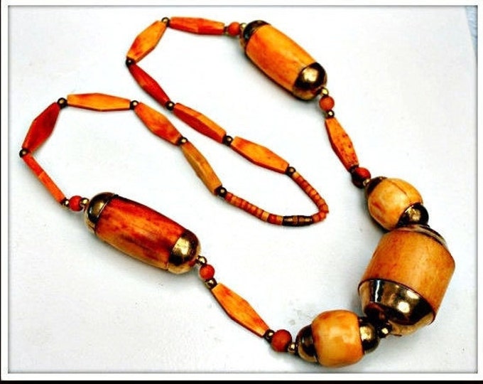 Boho Necklace Chunky Brass and Orange Bone bead Hippie Funky Tribal necklace