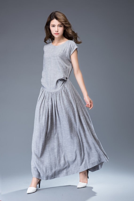 Grey Linen Dress Modern Contemporary Long Maxi Short Sleeved