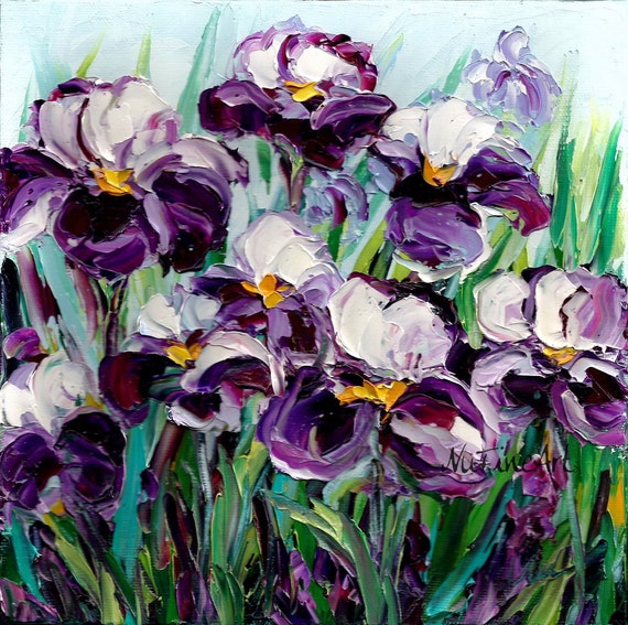 Purple Iris Art Flower Floral in Field Oil Painting by NuFineArt5