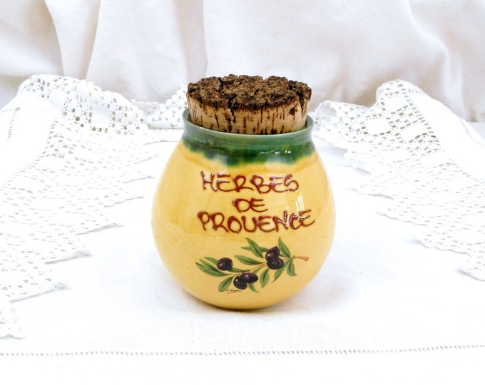 Vintage French Yellow Provencal Hand Painted "Herbes de Provence" Ceramic Pot / Jar with Cork Lid, French Country Decor, Kitchen Storage