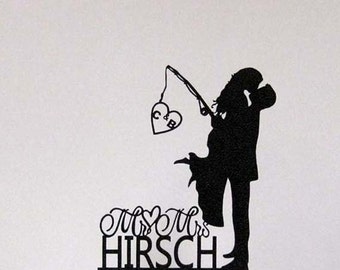 Personalized Rustic Wood Wedding Cake Topper - Wedding Bride and Groom silhouette, Fishing cake topper with Initials and Mr&Mrs last name