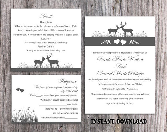 DIY Wedding Invitation Template Set Editable Word File Download Printable Reindeer Invitation Gray Wedding Invitation Black Invitations