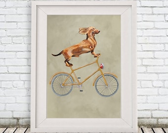 Daschund Print, daschund Illustration Art Poster Acrylic Painting Kids Decor Drawing Gift, Dog on bicycle, bicycle print
