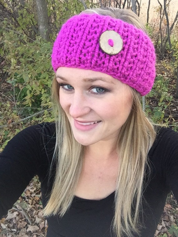 Womens Thick Knit Winter Headband with Button by LittlePinkRibbons
