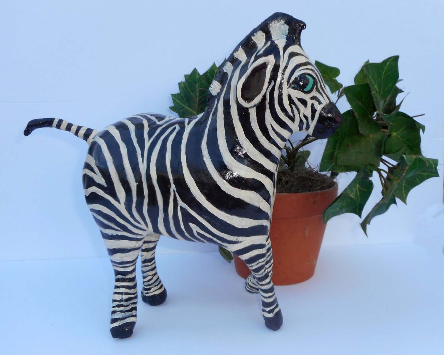 Whimsical Paper Mache Clay Zebra Sculpture Zumi the Zebra