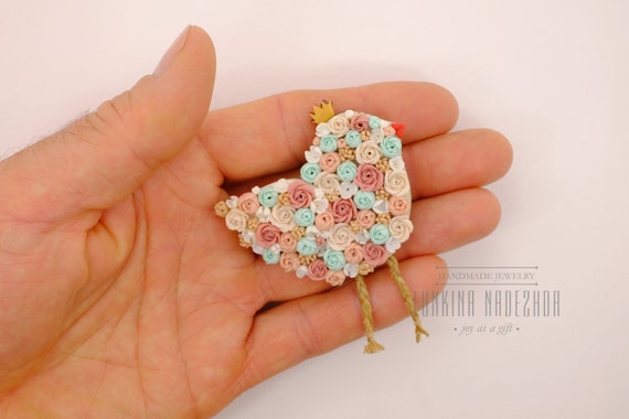 Pale pink polymer clay bird of paradise pin by LunkinaHandMade