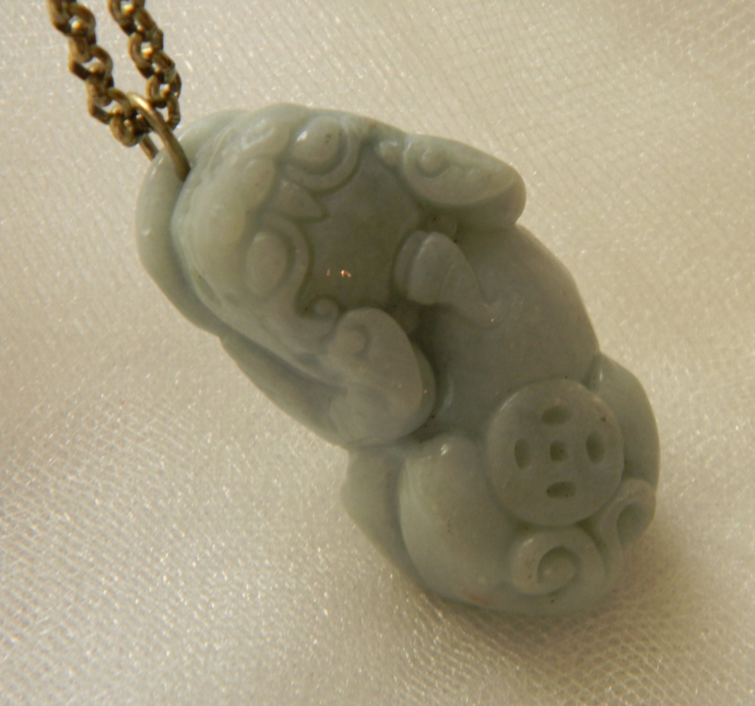 Jade Fu Dog pendant w brass chain necklace Guardian Lion