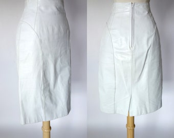 1980s white leather skirt, high waist pencil skirt, Byrnes and Baker, new wave, rocker, XS