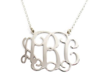 Sterling silver monogram necklace. 0.8" monogram necklace. Silver initial necklace. Initial monogram necklace. Monogram silver necklace.