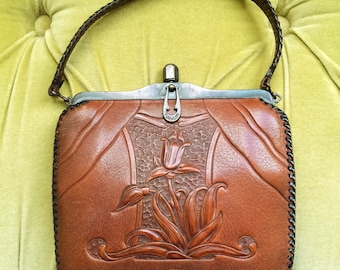 Antique Vintage Art Nouveau Leather Purse Brown Tooled Floral Deco Suede & Leather Handbag 1910's 1920's Edwardian Turnloc 20s Flapper RARE