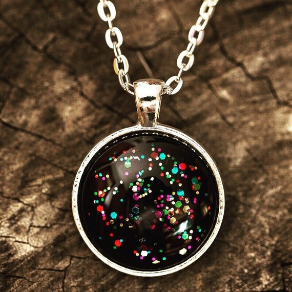 FREE SHIPPING - Rainbow Universe - Necklace Kitschy Koo Handmade Necklace - Sparkle Glitter Rainbow Necklace - Black Rainbow Glitter