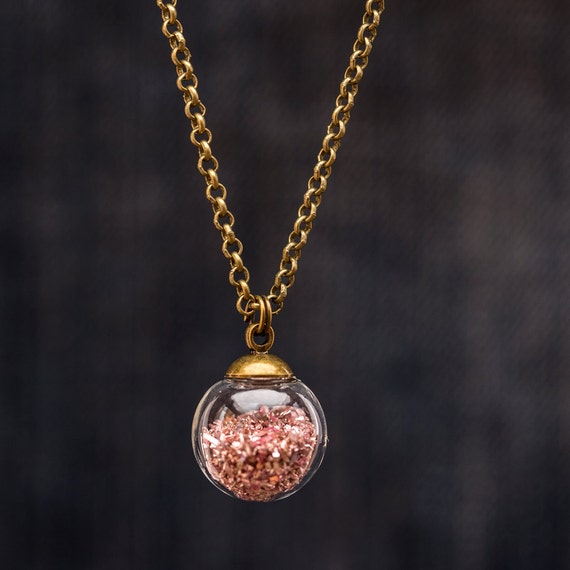 FREE SHIPPING - Pink German Glitter Glass Globe Necklace - Pink Glitter Glass Vial - Globe Vintage Necklace - Vintage Sphere