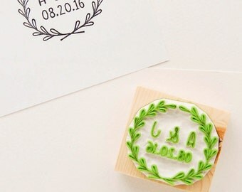 Wedding rubber stamp, name initials stamp, custom rubber stamp, wedding wreath stamp, save the dates, date initials stamp