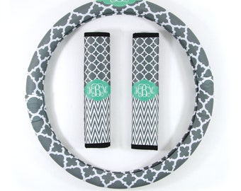 Monogrammed Steering Wheel Cover & Seat Belt Cover Set Custom Padded Insulated Steering Wheel Cover Seat Belt Cute Car Accessories For Women