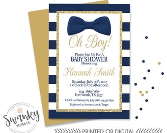 Oh Boy Baby Shower Invitation, Bowtie Baby Boy Shower, Navy and Gold Invitation, Striped Baby Shower Invitations, Gold Glitter