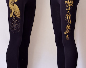 Sphynx Cat Leggings - Women's Crystal Leggings - Festival Leggings - Sacred Geometry Clothing