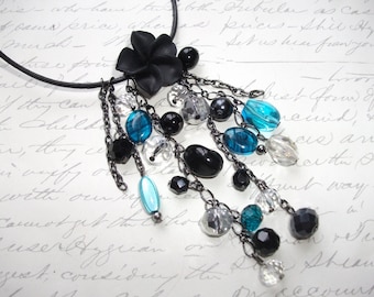 Black and blue cascade flower necklace