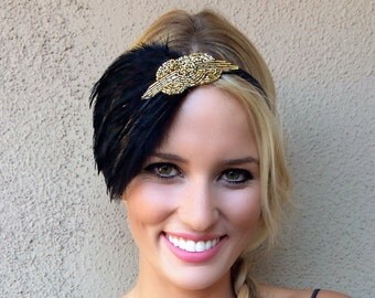 Black feather headpiece Gold beaded fascinator black Art Deco flapper headband, 1920s dress, 1920s feather headband, black, headpiece