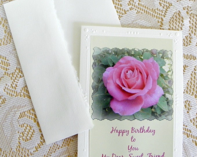 PINK ROSE BIRTHDAY Greeting Card, Handmade with digital Text on Cream Background, Blank Inside Photo Stationary, Coordinating Envelope
