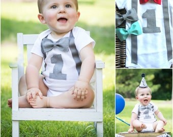 Boys First Birthday Outfit - Baby Boy Clothes - Gray Suspenders Aqua Red or Gray Bow Tie - First Birthday Boy Shirt -1st Birthday Boy Outfit