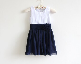 White Navy Flower Girl Dress with Flower Chiffon Navy Blue Knee-length Flower Girl Dress