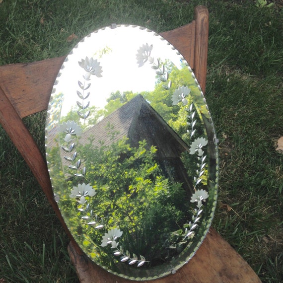 Antique etched oval wall mirror with wood backing scalloped