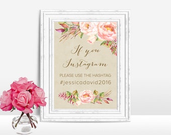 Printable Instagram Sign, Wedding Hashtag Sign, Wedding Instagram Sign, Floral Instagram Hashtag Sign, Rustic Instagram Sign, Digital File