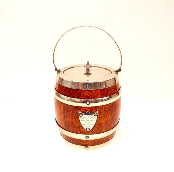 1930s Wooden Biscuit Barrel Antique Oak Caddy Vintage