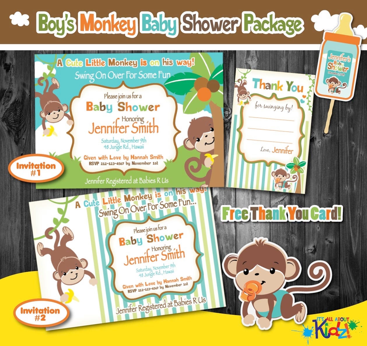 Boy's Monkey Baby Shower Invitation Monkey Baby by ItsAllAboutKidz