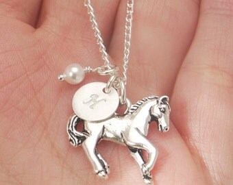 Horse Necklace, Personalized Horse Jewelry, Personalized Horse Necklace, Horse Gifts, Little Girl, Initial Birthstone, Letter Pearl