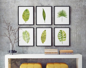 Palm Leaf Watercolor Painting Set 6 Different Palm Tree Leaves, Banana, Coconut, Date, Tropical Monstera Abstract Art Print Green Wall Decor