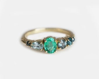 Emerald Engagement Ring, Emerald Cluster Ring, Cluster Engagement Ring, Oval Engagement Ring, Green Engagement Ring, Blue Engagement Ring