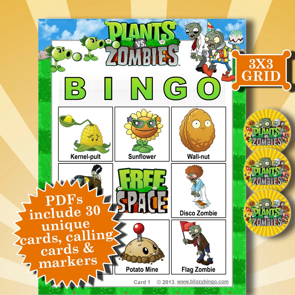 Plants vs Zombies 3x3 Bingo printable PDFs contain everything