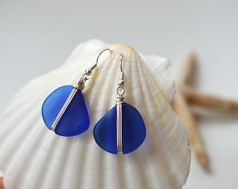 Blue sea glass earrings cobalt blue sea glass jewelry wire wrapped jewelry wire wrapped earrings beaded earrings sterling silver handmade