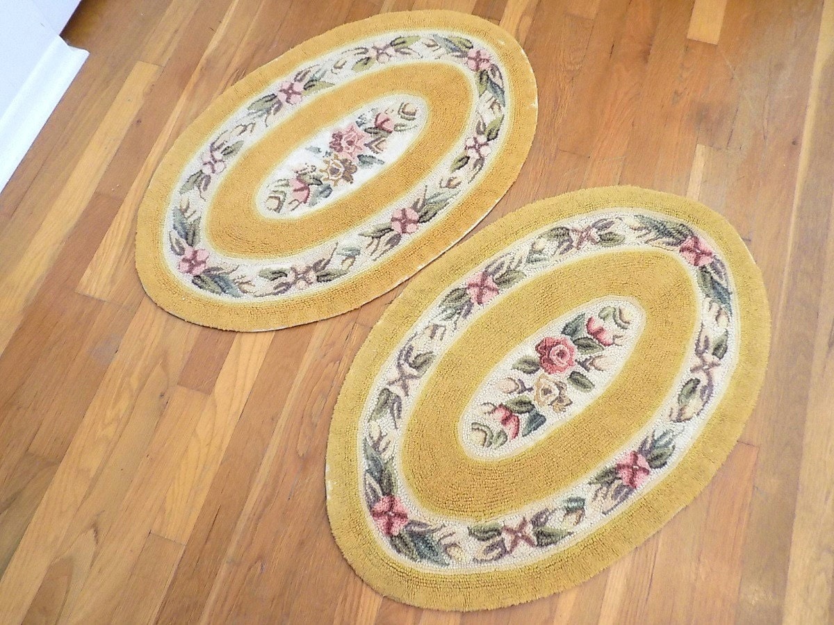 PAIR Vintage Hand Hooked Primitive Oval Wool Yellow Rugs