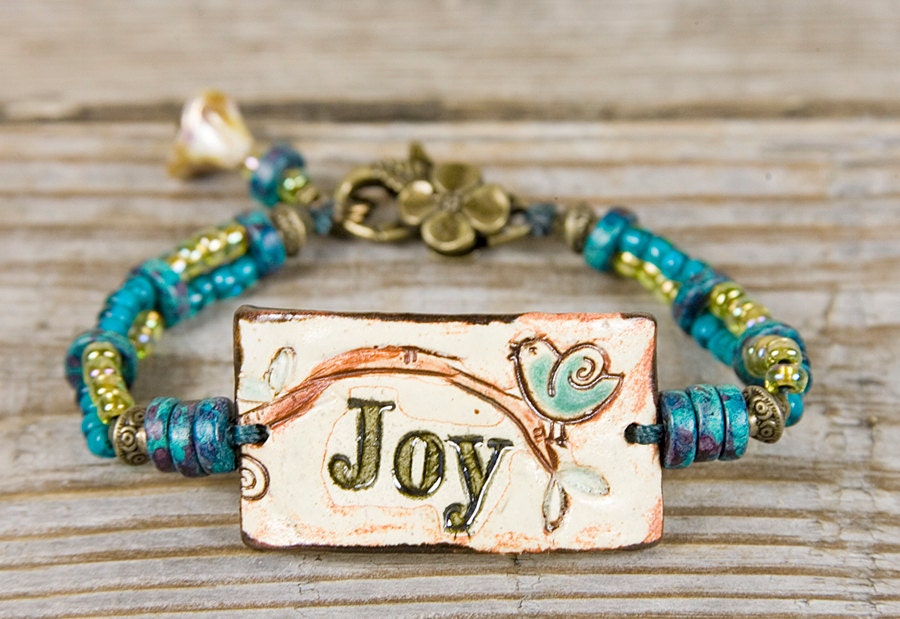 JOY bracelet cuff ceramic hand made rustic cuff rustic
