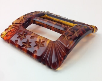 1930'S LUCITE Tortoiseshell Belt Buckle / Large Hand Carved Buckle / with STARS